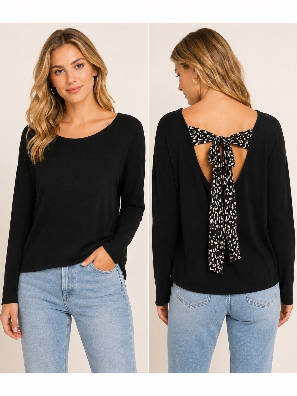 Blue Rain Black Long-Sleeve Top with Printed Back Tie
